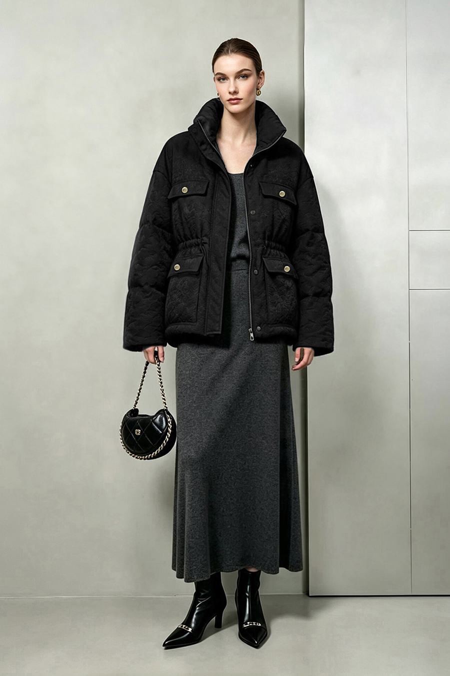 Stand Collar Jacquard Down Jacket|AMII