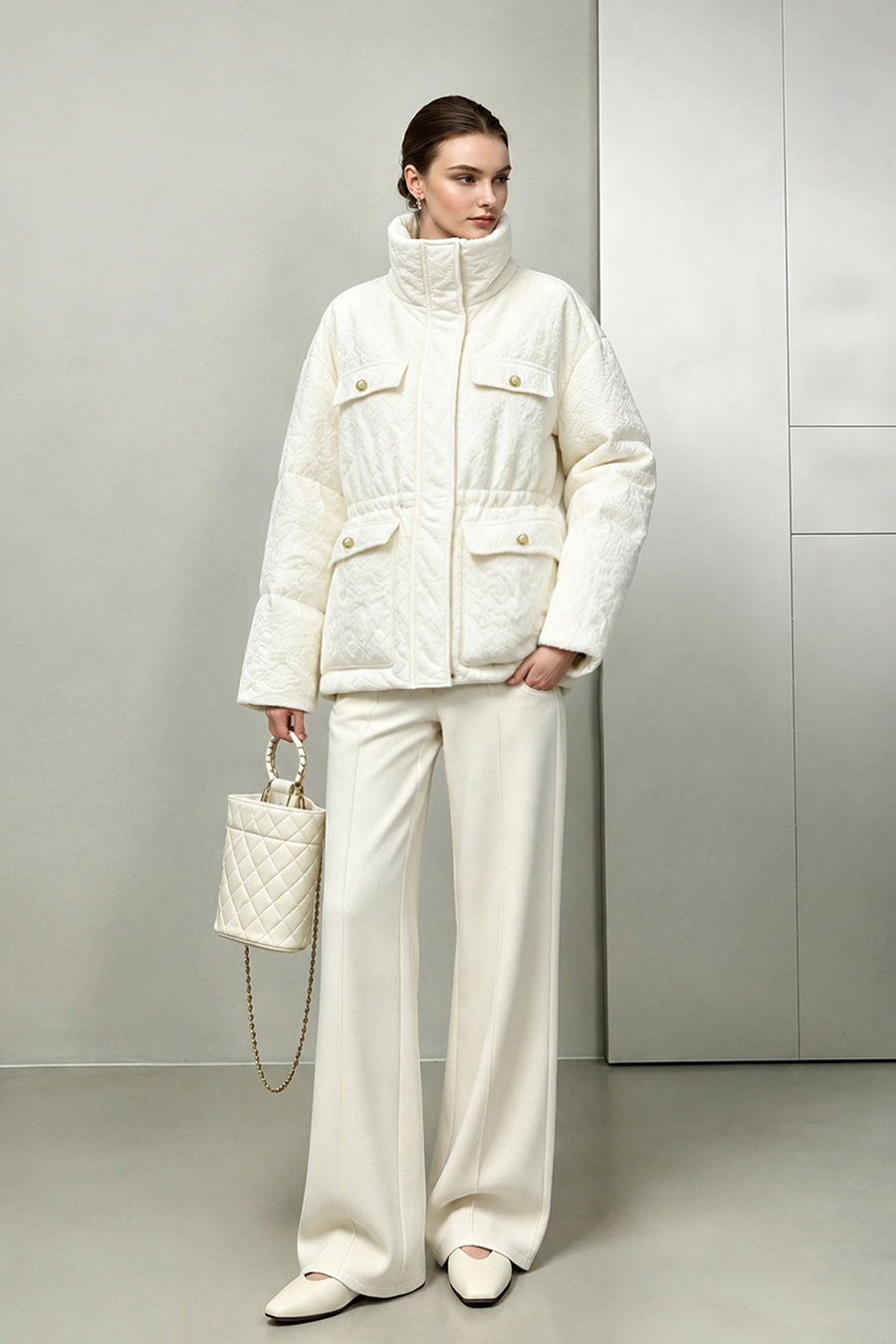 Stand Collar Jacquard Down Jacket|AMII