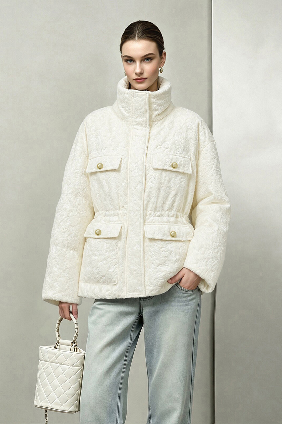 Stand Collar Jacquard Down Jacket|AMII