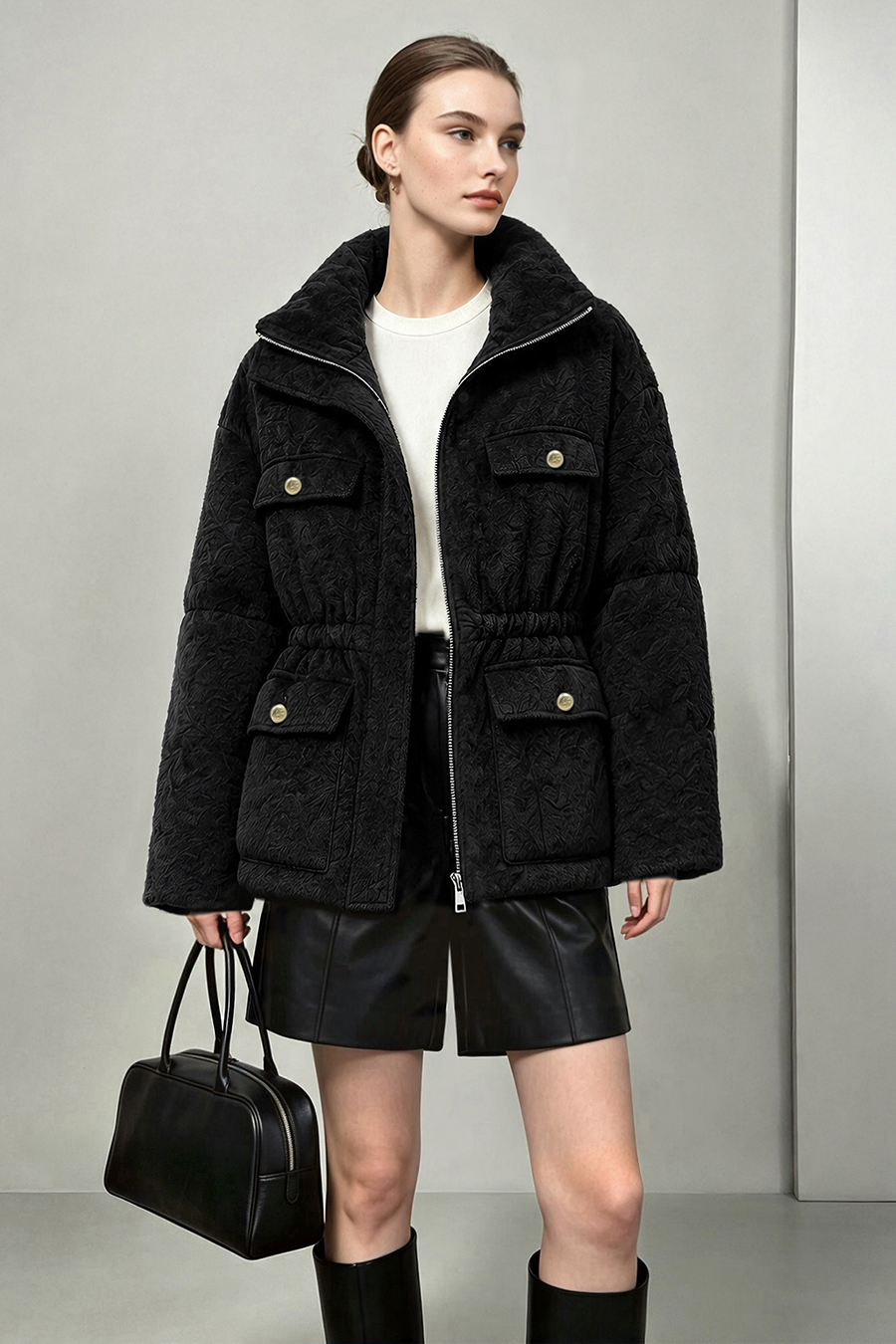 Stand Collar Jacquard Down Jacket|AMII