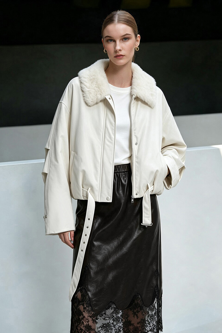 Wool Collar Belted Down Jacket|AMII