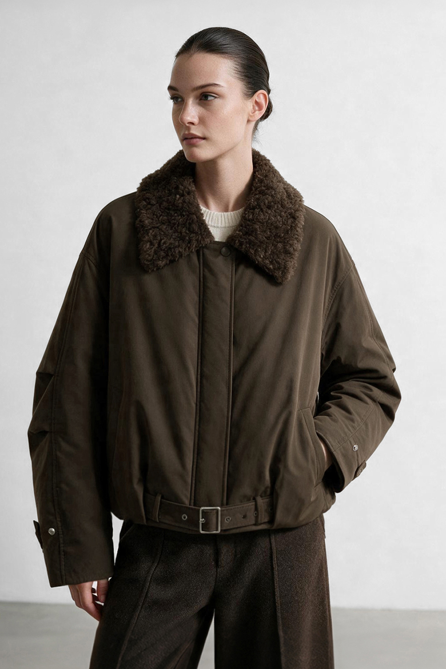 Wool Collar Belted Down Jacket|AMII