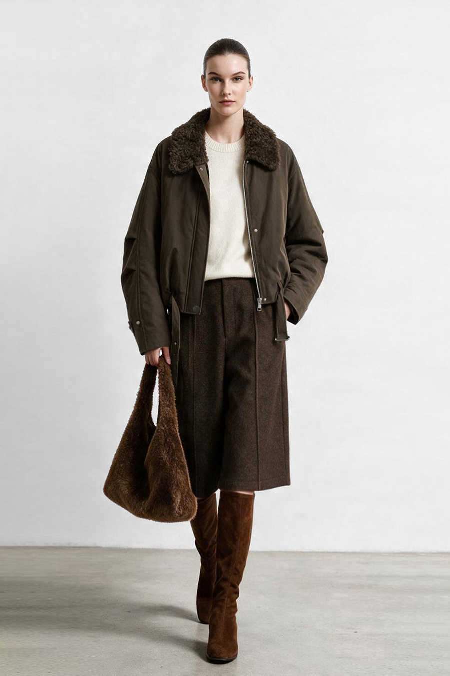 Wool Collar Belted Down Jacket|AMII