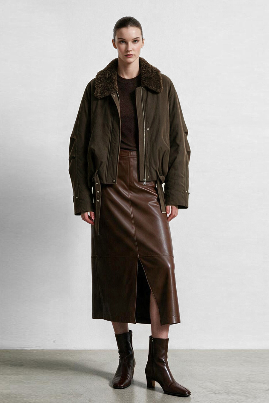 Wool Collar Belted Down Jacket|AMII