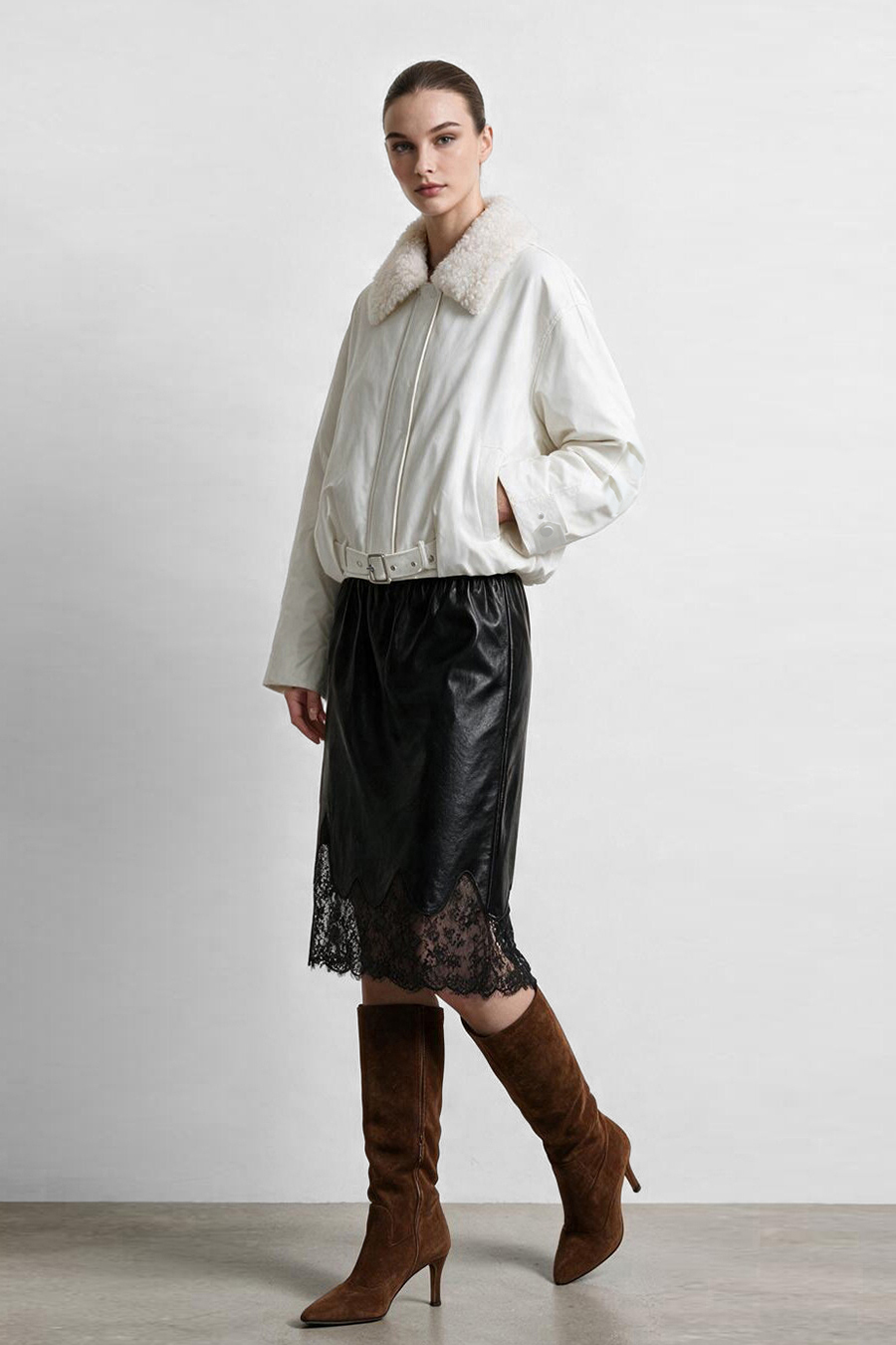 Wool Collar Belted Down Jacket|AMII