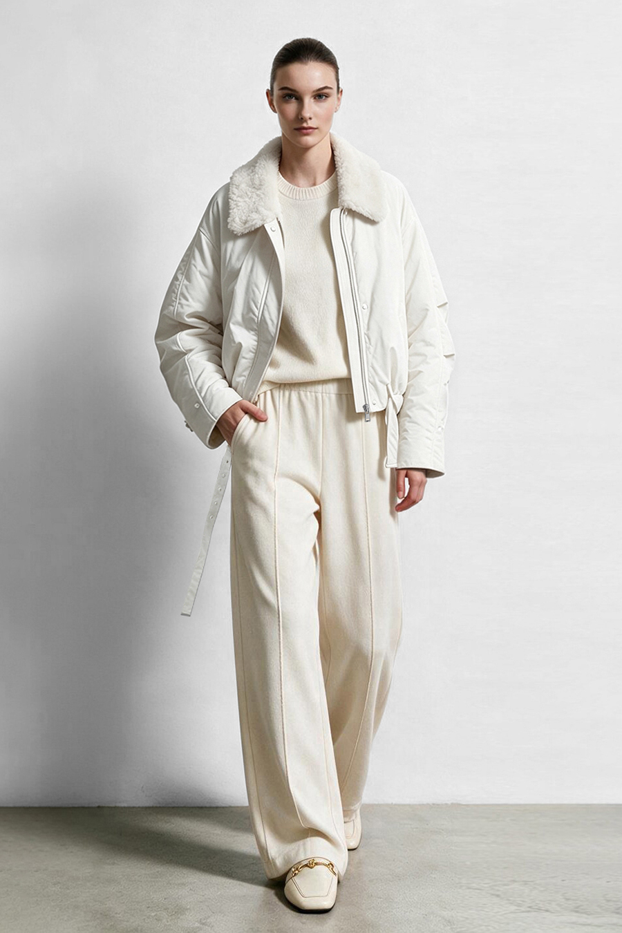 Wool Collar Belted Down Jacket|AMII