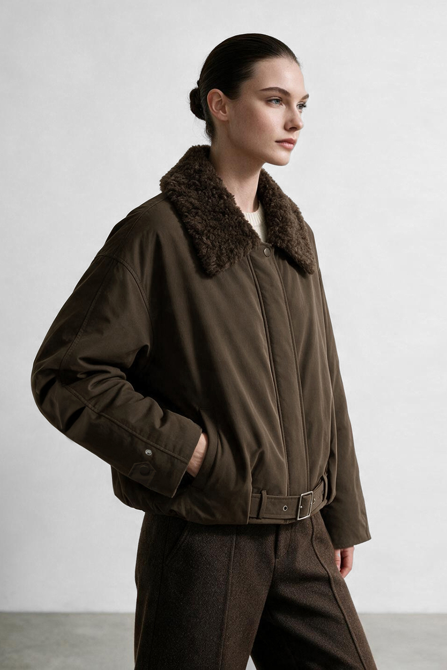 Wool Collar Belted Down Jacket|AMII