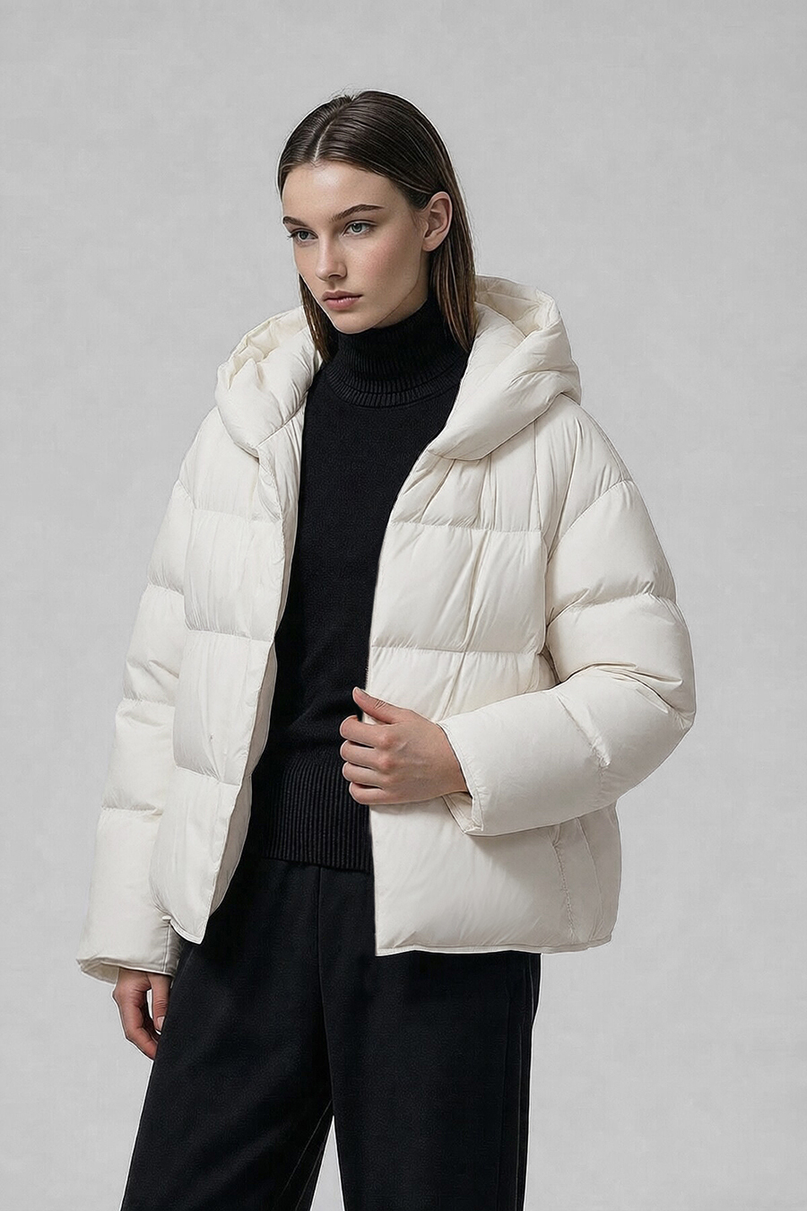 Hooded Down Jacket with Magnetic Closures|AMII