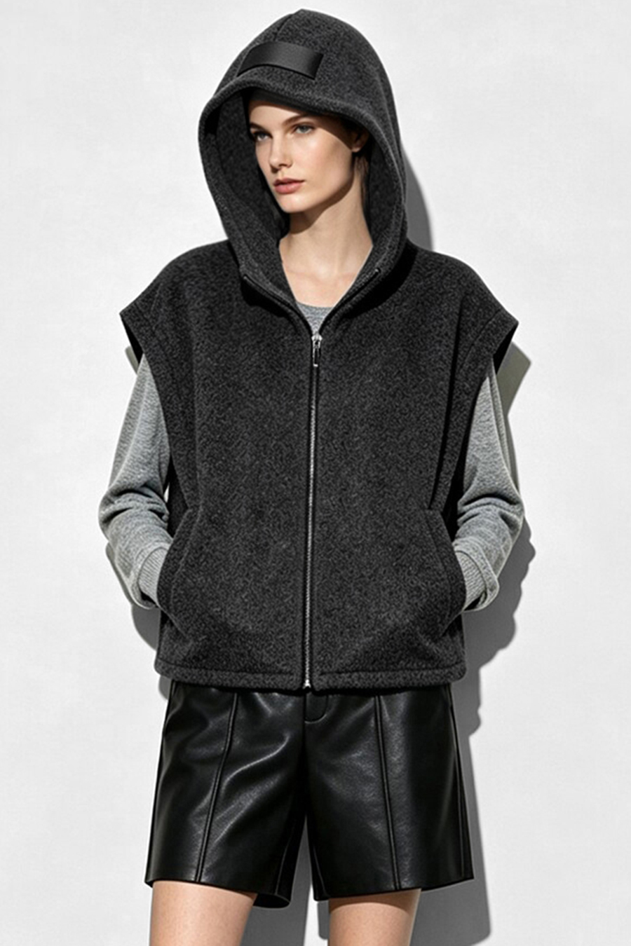 Hooded Single-Faced Wool Vest|AMII