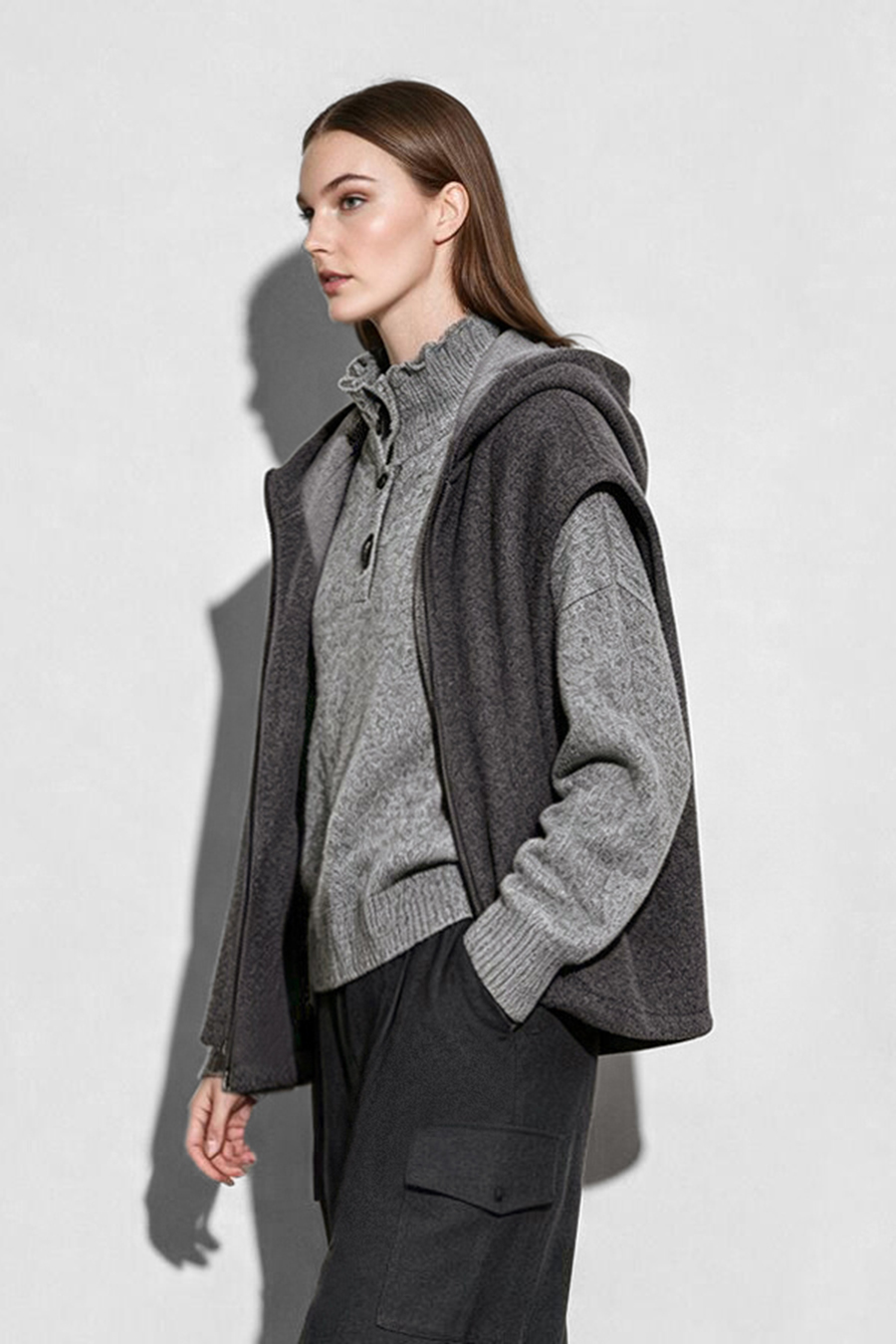 Hooded Single-Faced Wool Vest|AMII