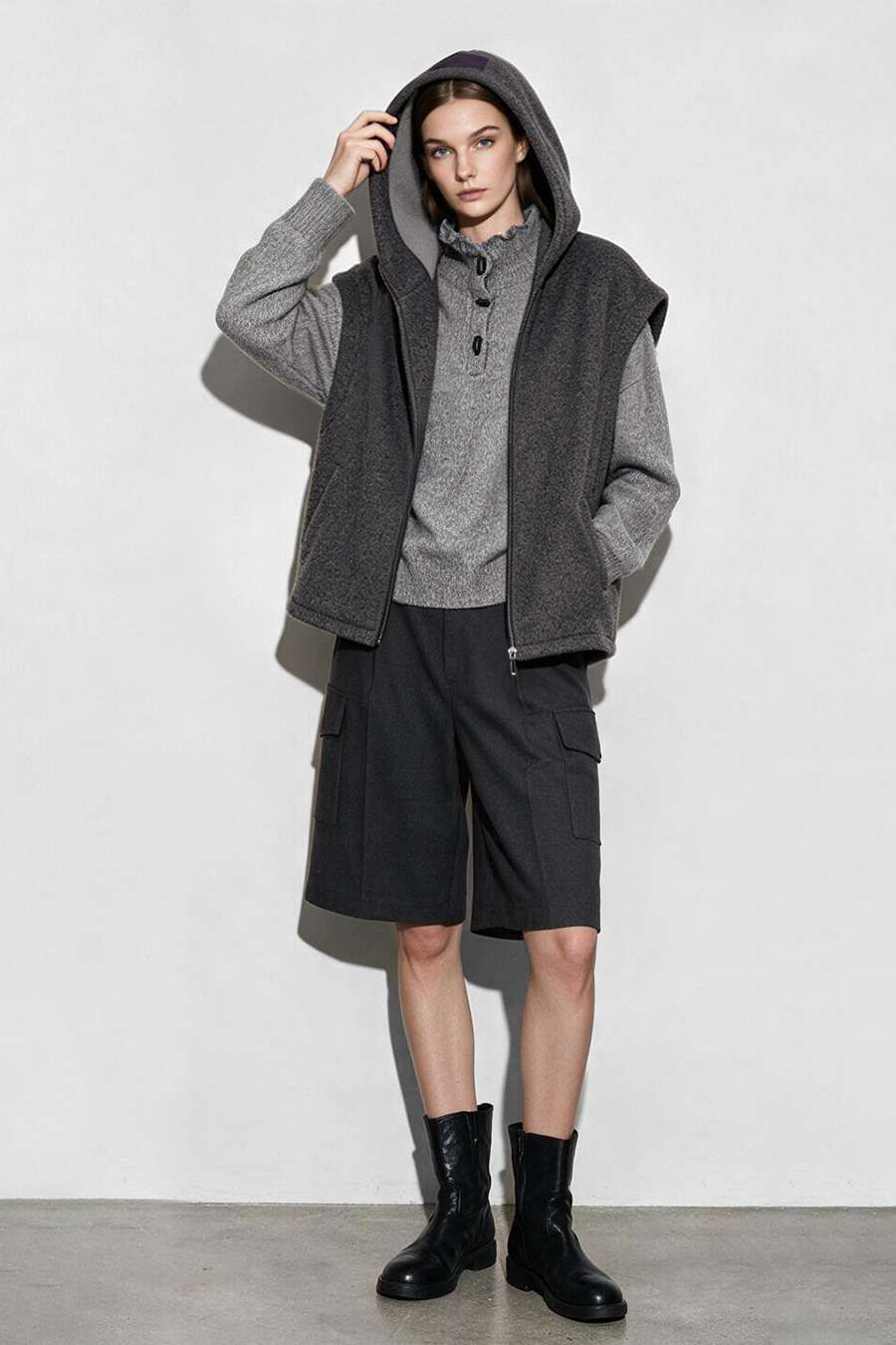 Hooded Single-Faced Wool Vest|AMII