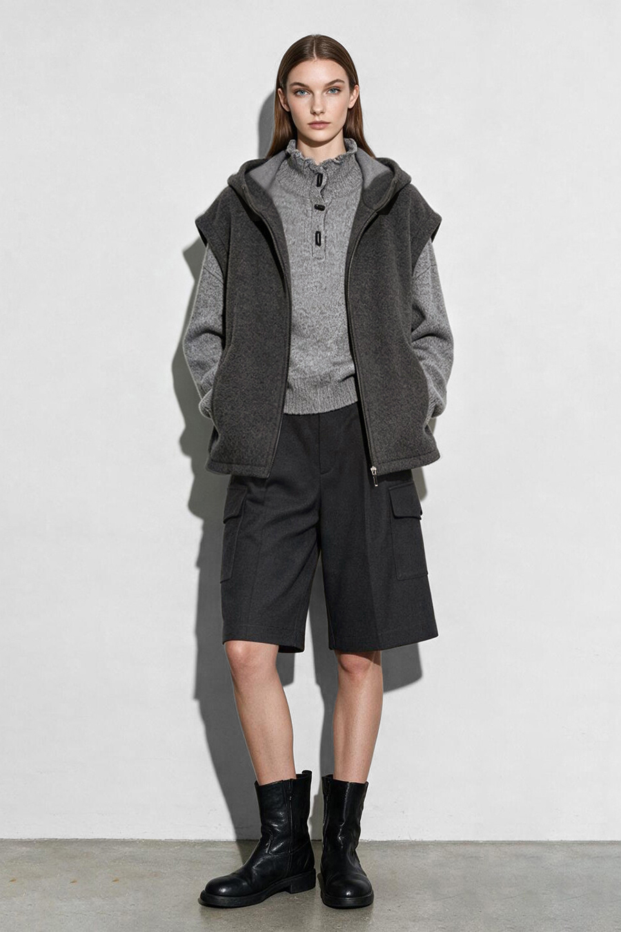Hooded Single-Faced Wool Vest|AMII