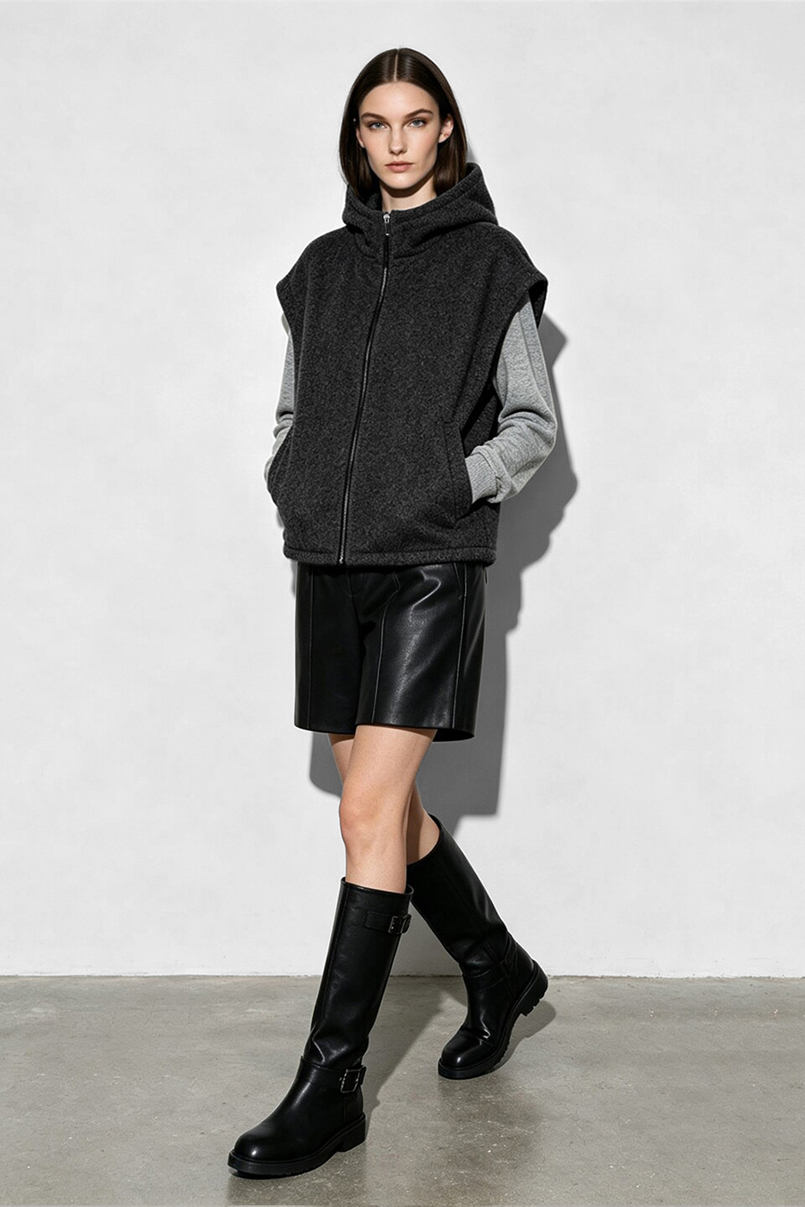 Hooded Single-Faced Wool Vest|AMII
