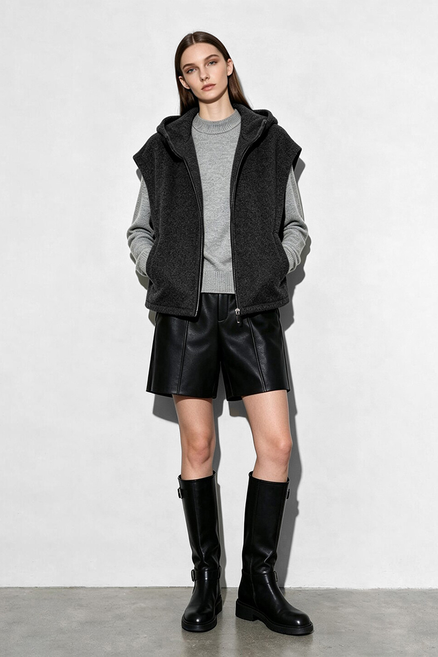 Hooded Single-Faced Wool Vest|AMII
