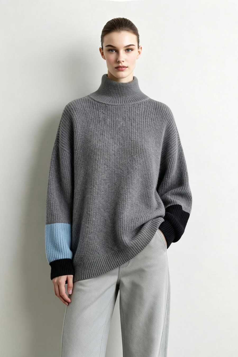 Turtleneck Asymmetric Color-Block Drop-Shoulder Sweater|AMII
