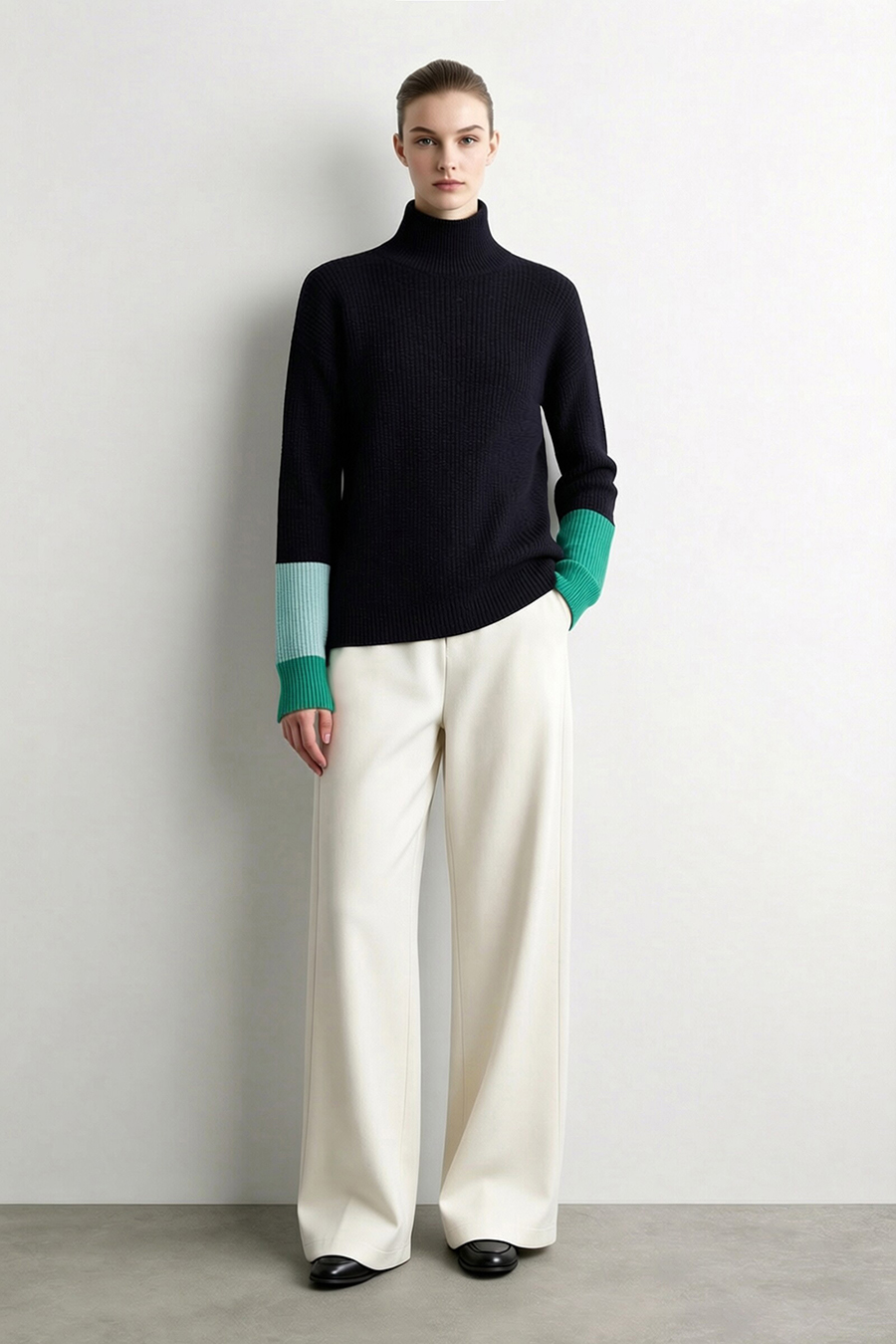 Turtleneck Asymmetric Color-Block Drop-Shoulder Sweater|AMII