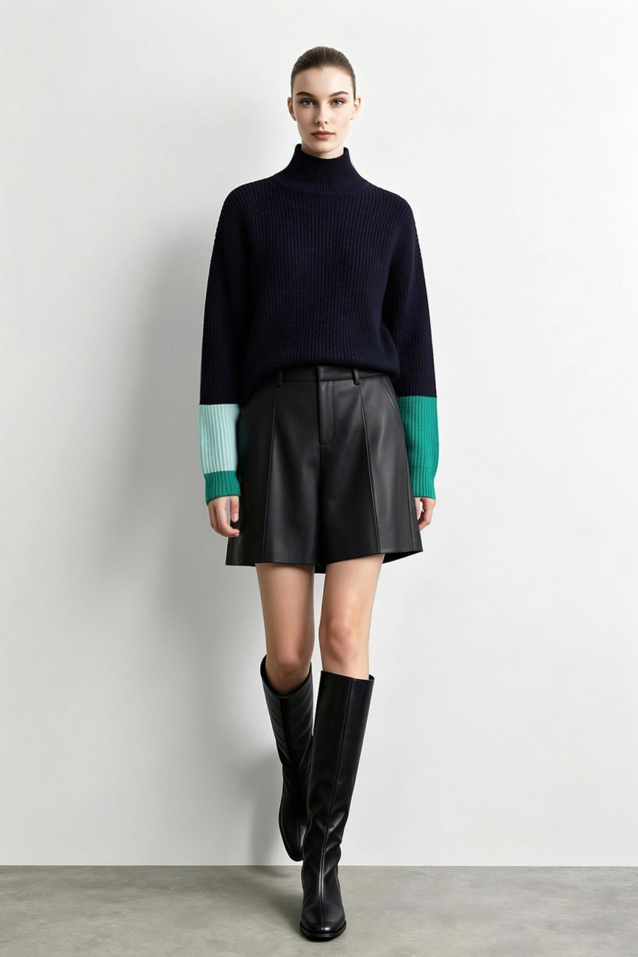 Turtleneck Asymmetric Color-Block Drop-Shoulder Sweater|AMII