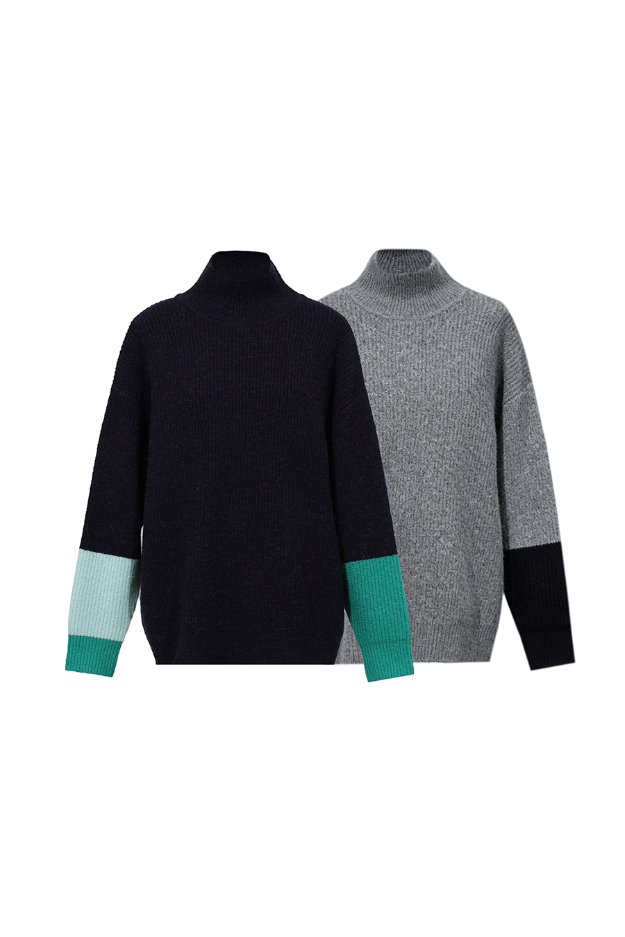 Turtleneck Asymmetric Color-Block Drop-Shoulder Sweater|AMII