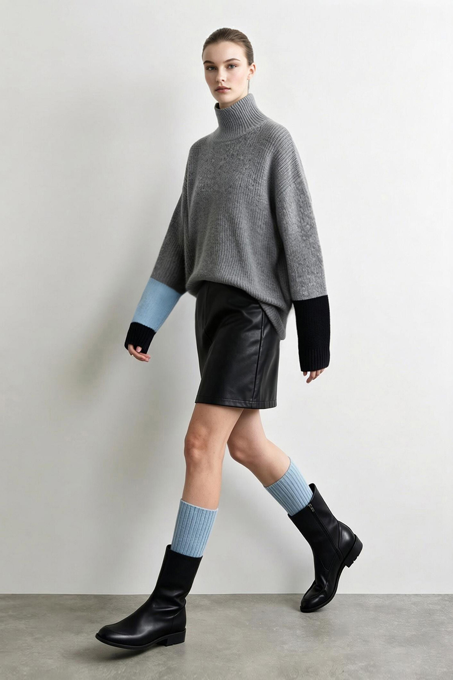 Turtleneck Asymmetric Color-Block Drop-Shoulder Sweater|AMII