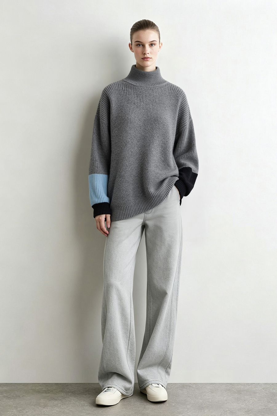 Turtleneck Asymmetric Color-Block Drop-Shoulder Sweater|AMII