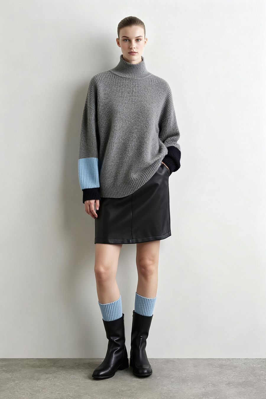 Turtleneck Asymmetric Color-Block Drop-Shoulder Sweater|AMII