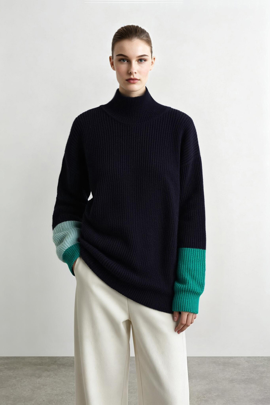 Turtleneck Asymmetric Color-Block Drop-Shoulder Sweater|AMII