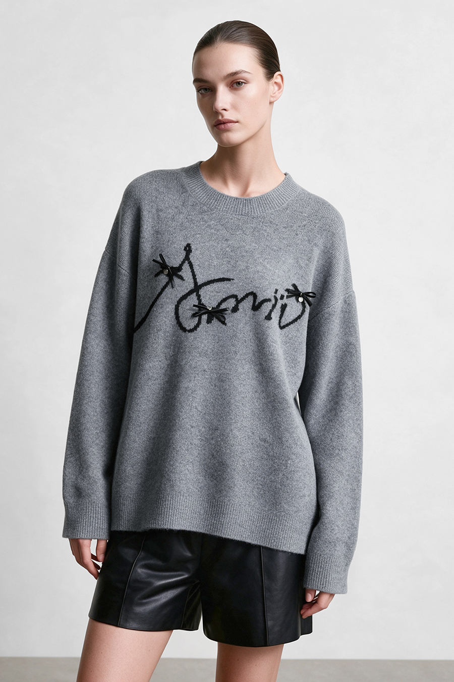 Bow-Embellished Jacquard Sweater|AMII
