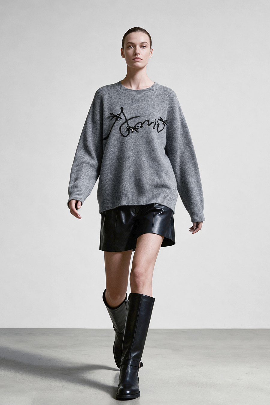 Bow-Embellished Jacquard Sweater|AMII