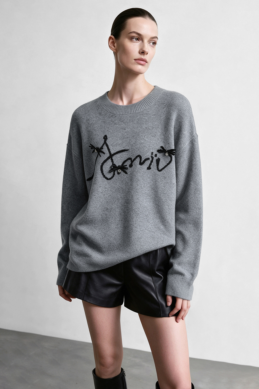 Bow-Embellished Jacquard Sweater|AMII