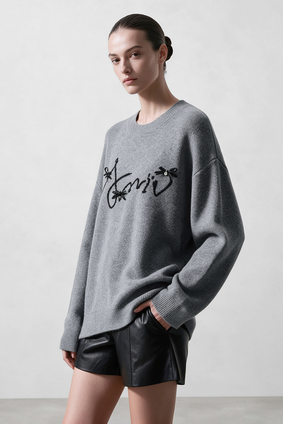 Bow-Embellished Jacquard Sweater|AMII