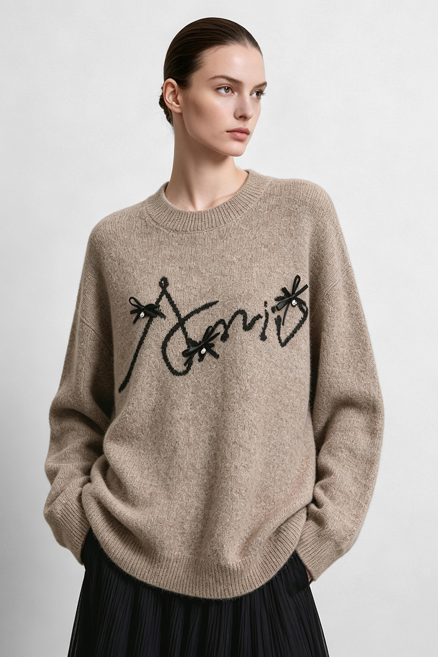 Bow-Embellished Jacquard Sweater|AMII