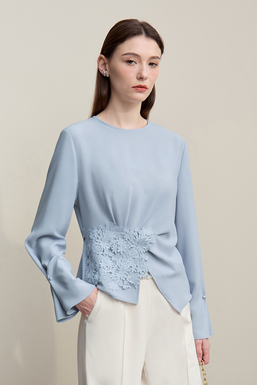 Crew Neck Lace Patchwork Chiffon Blouse|AMII-AMII.com