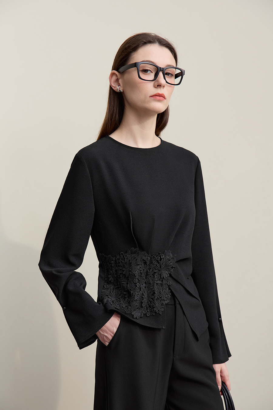 Crew Neck Lace Patchwork Chiffon Blouse|AMII-AMII.com