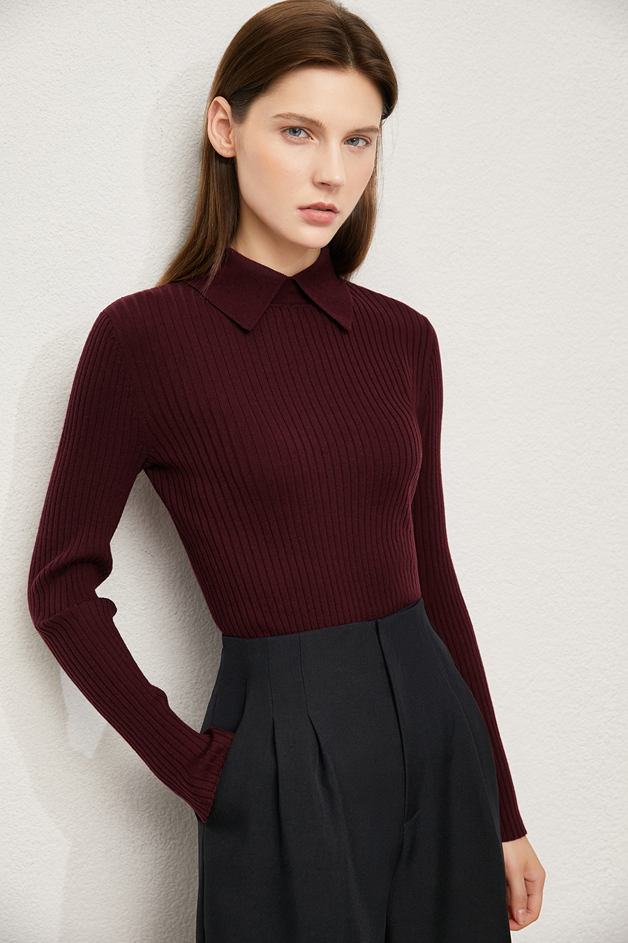 Lapel Ribbed Sweater|AMII-AMII.com