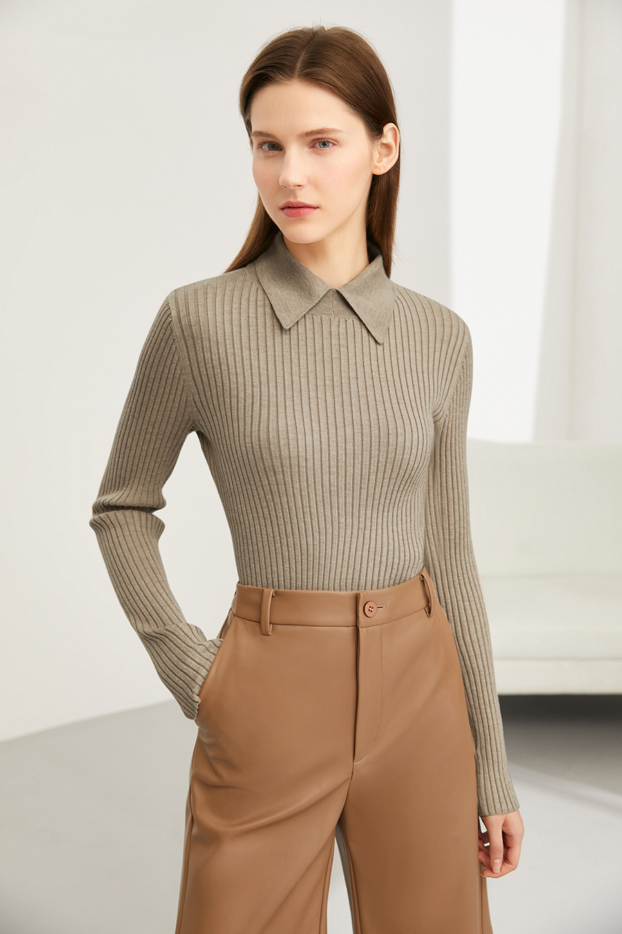 Lapel Ribbed Sweater|AMII-AMII.com