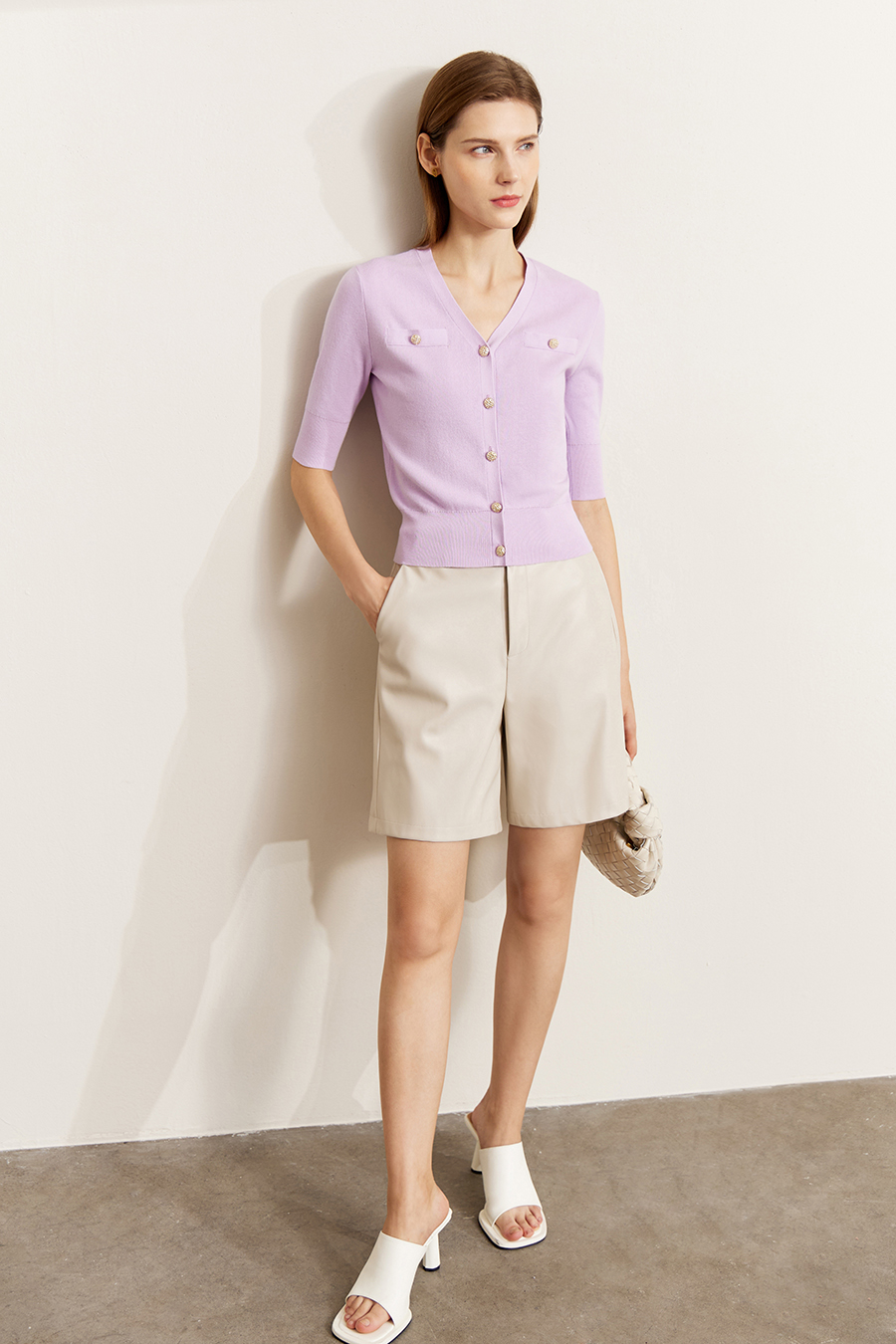 V-Neck 3/4 Sleeve Cotton Knit Cardigan|AMII-AMII.com