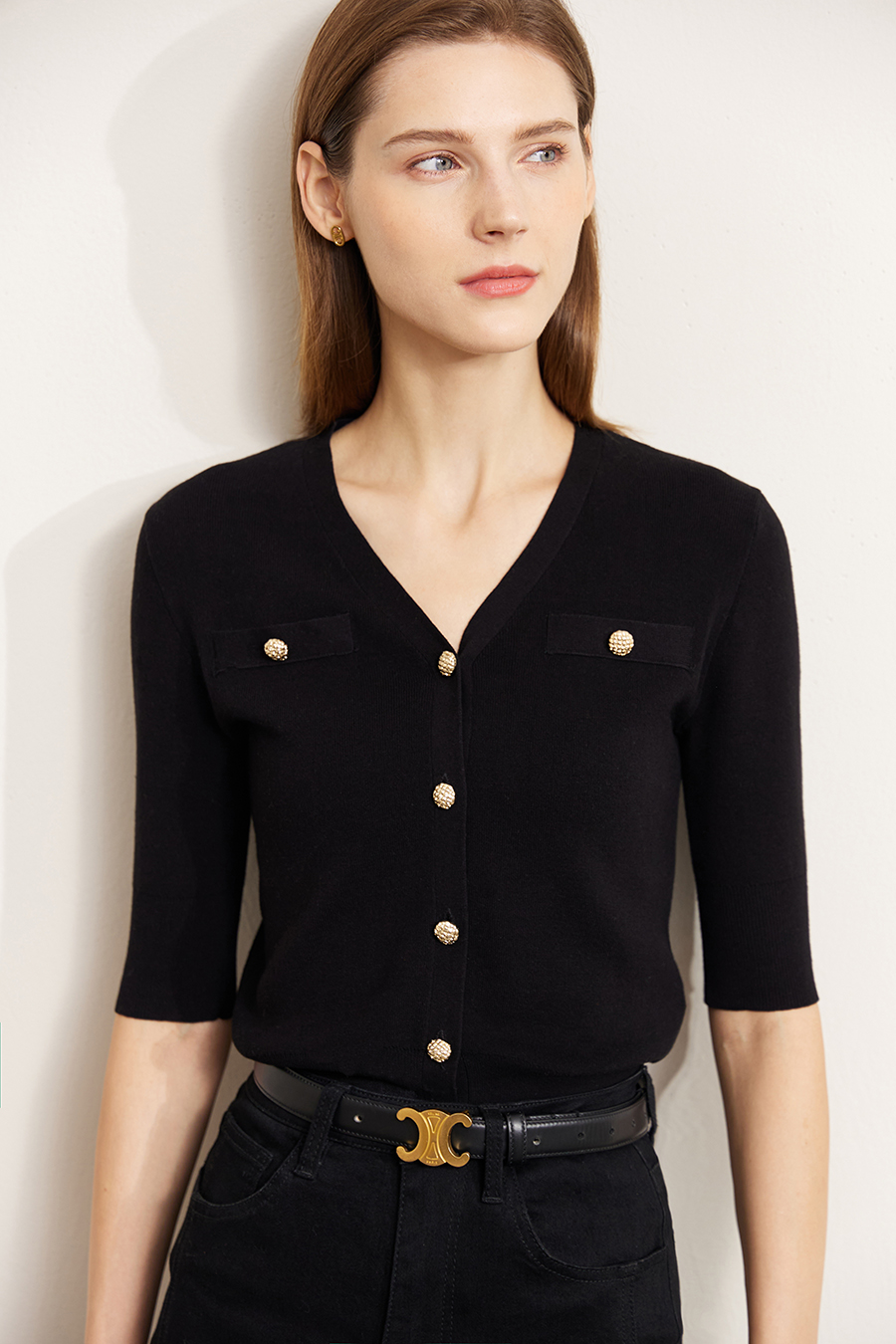 V-Neck 3/4 Sleeve Cotton Knit Cardigan|AMII-AMII.com