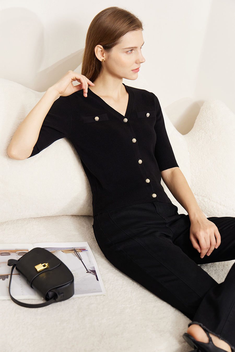 V-Neck 3/4 Sleeve Cotton Knit Cardigan|AMII-AMII.com