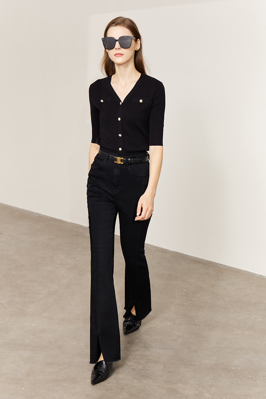 V-Neck 3/4 Sleeve Cotton Knit Cardigan|AMII-AMII.com