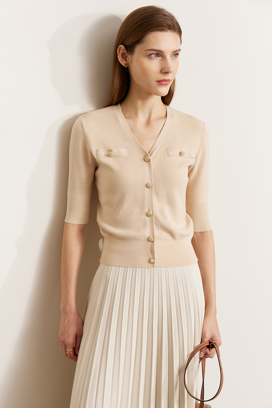 V-Neck 3/4 Sleeve Cotton Knit Cardigan|AMII-AMII.com