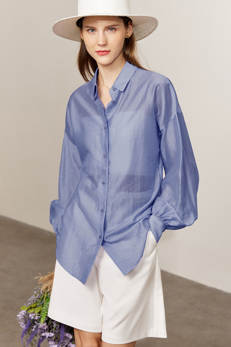 Lapel Drop Shoulder Lantern Sleeve Shirt|AMII-AMII.com