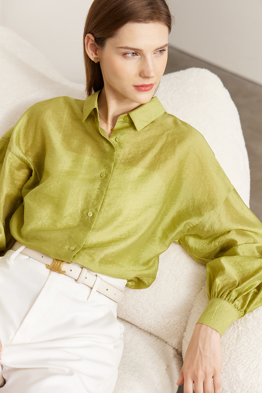 Lapel Drop Shoulder Lantern Sleeve Shirt|AMII-AMII.com