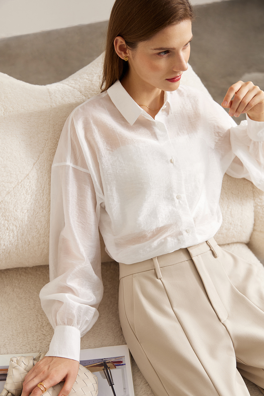 Lapel Drop Shoulder Lantern Sleeve Shirt|AMII-AMII.com