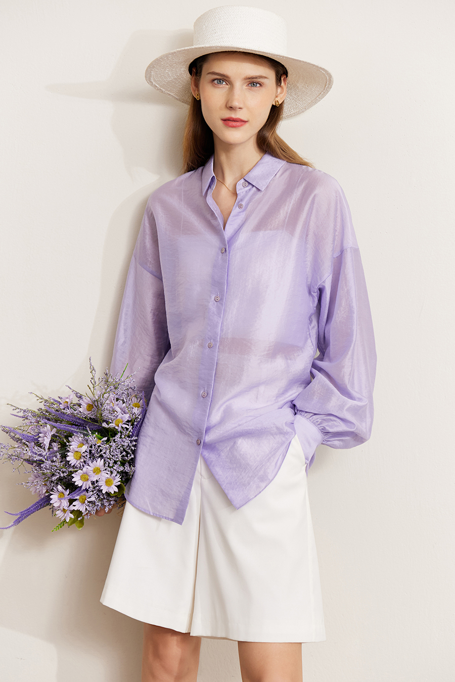 Lapel Drop Shoulder Lantern Sleeve Shirt|AMII-AMII.com
