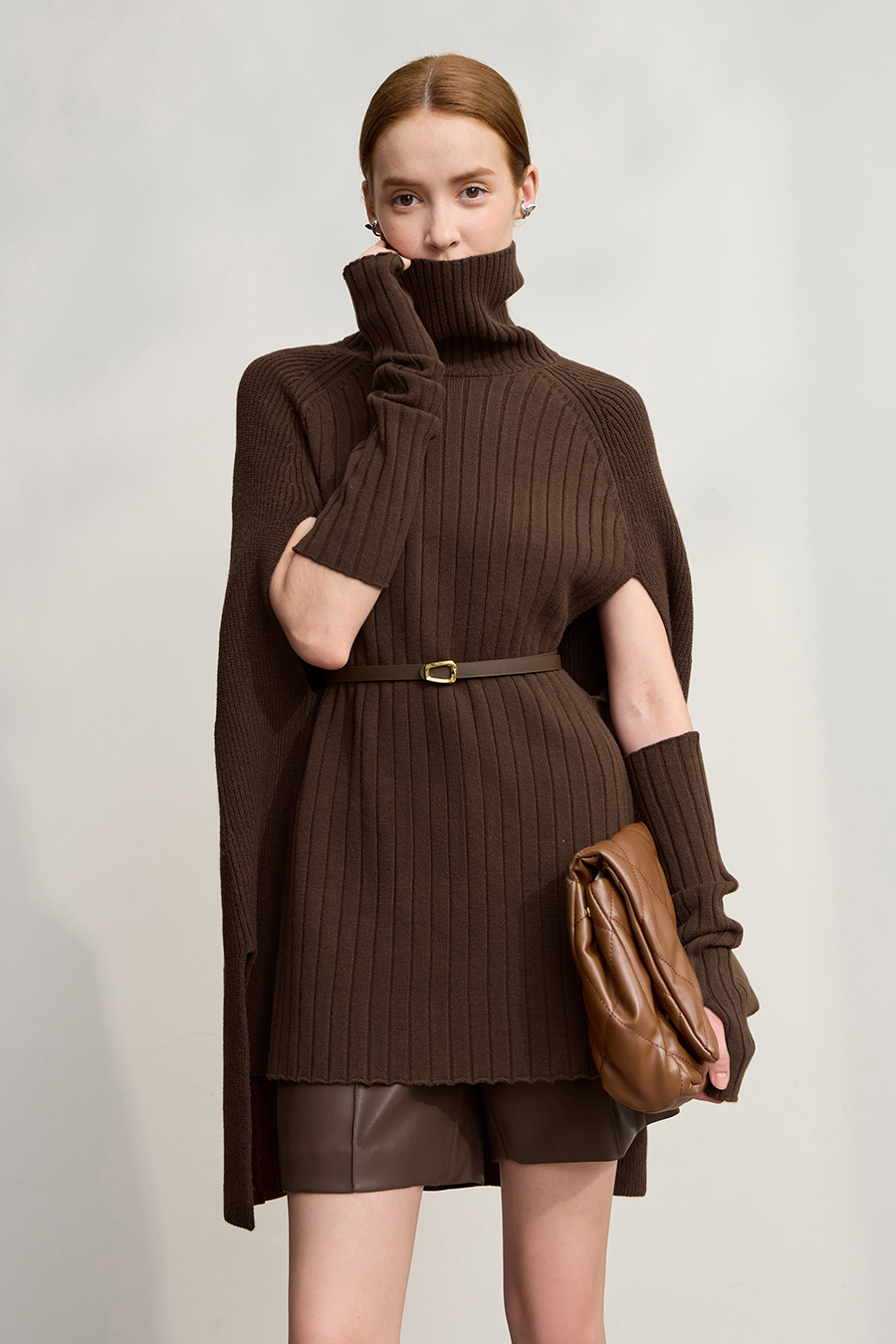 High Neck with Cuffs Slit Sweater|AMII-AMII.com