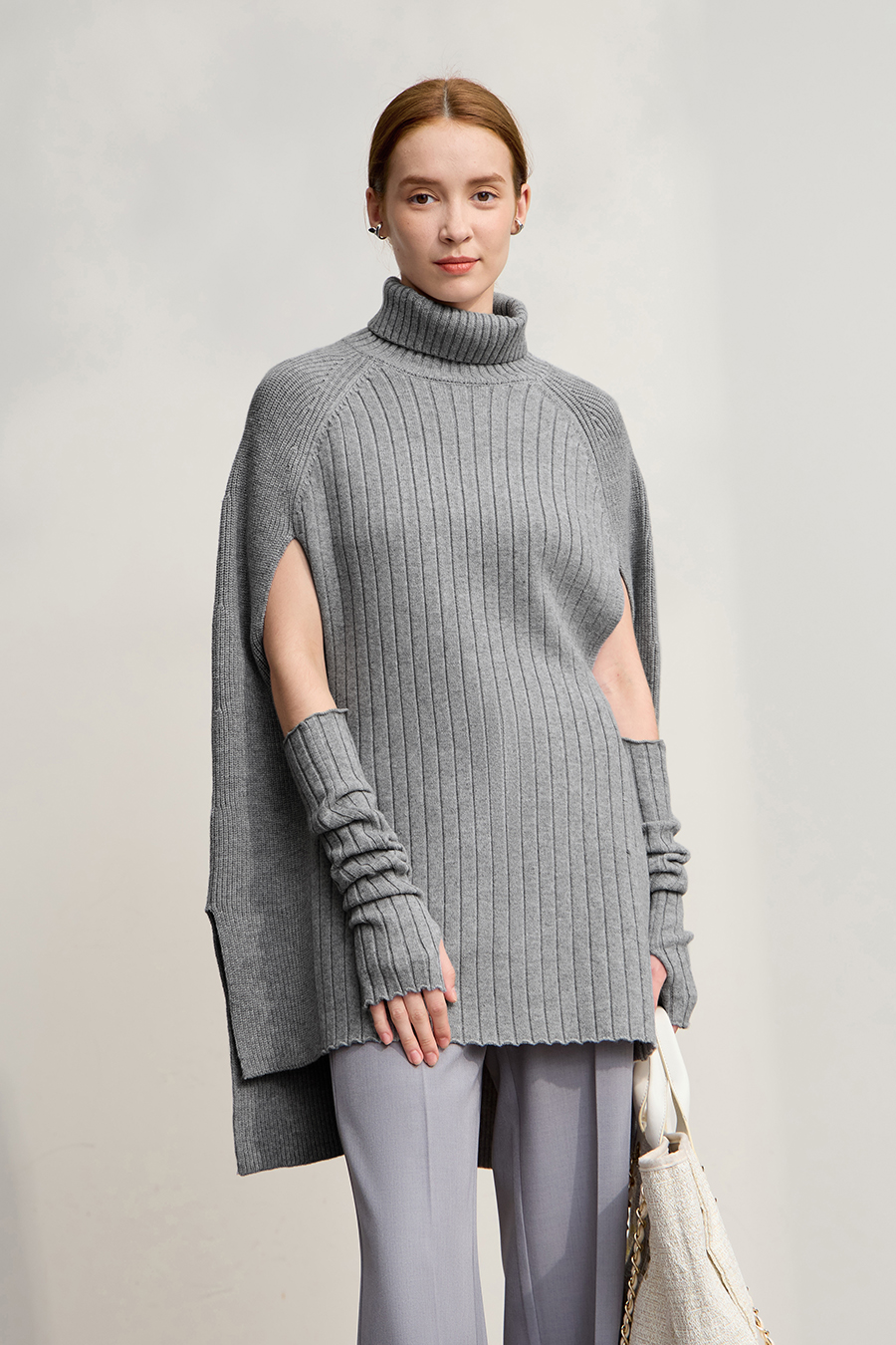 High Neck with Cuffs Slit Sweater|AMII-AMII.com