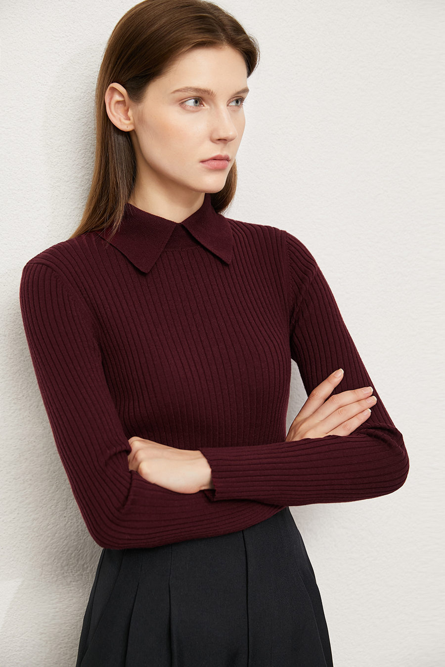 Lapel Ribbed Sweater|AMII-AMII.com
