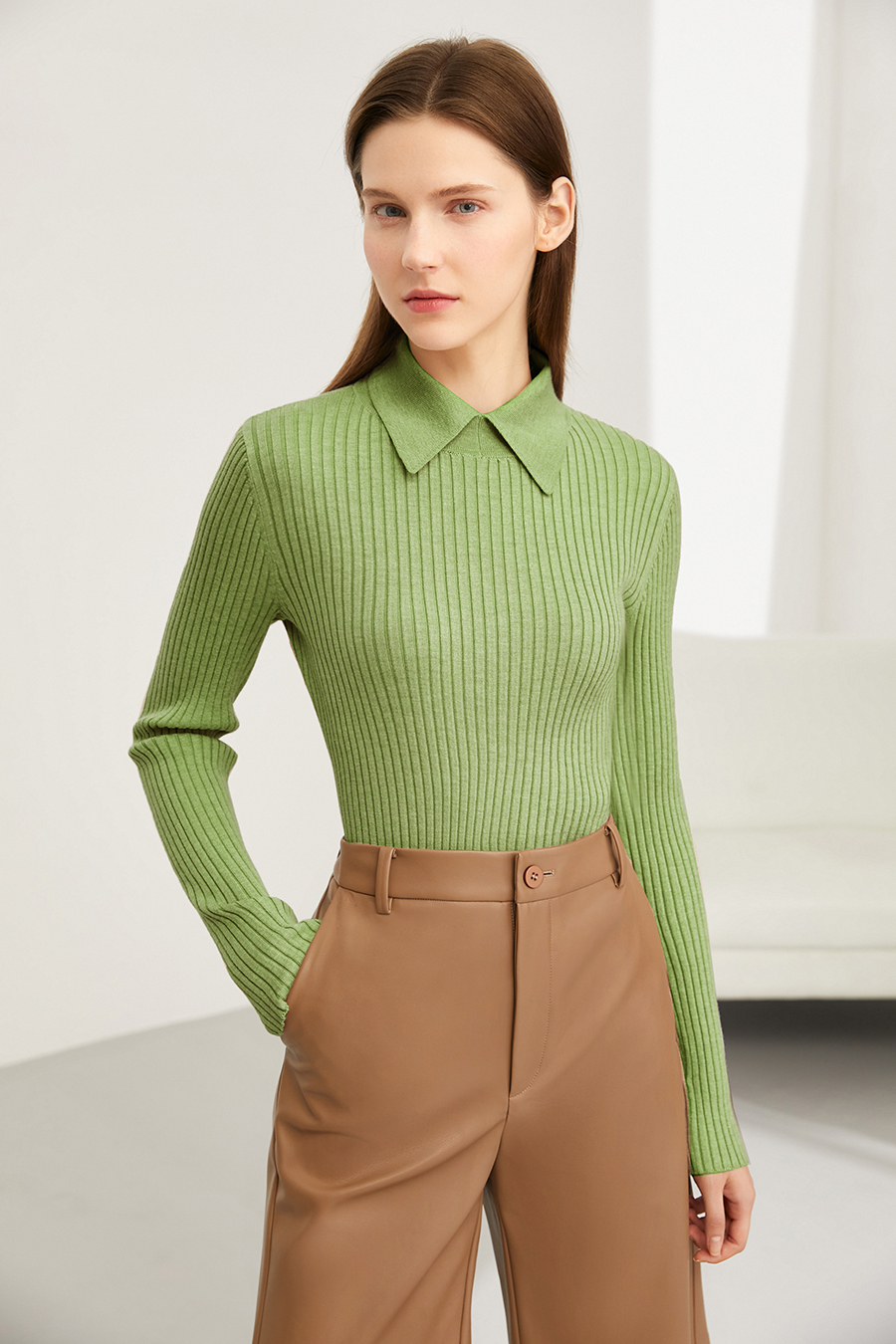 Lapel Ribbed Sweater|AMII-AMII.com