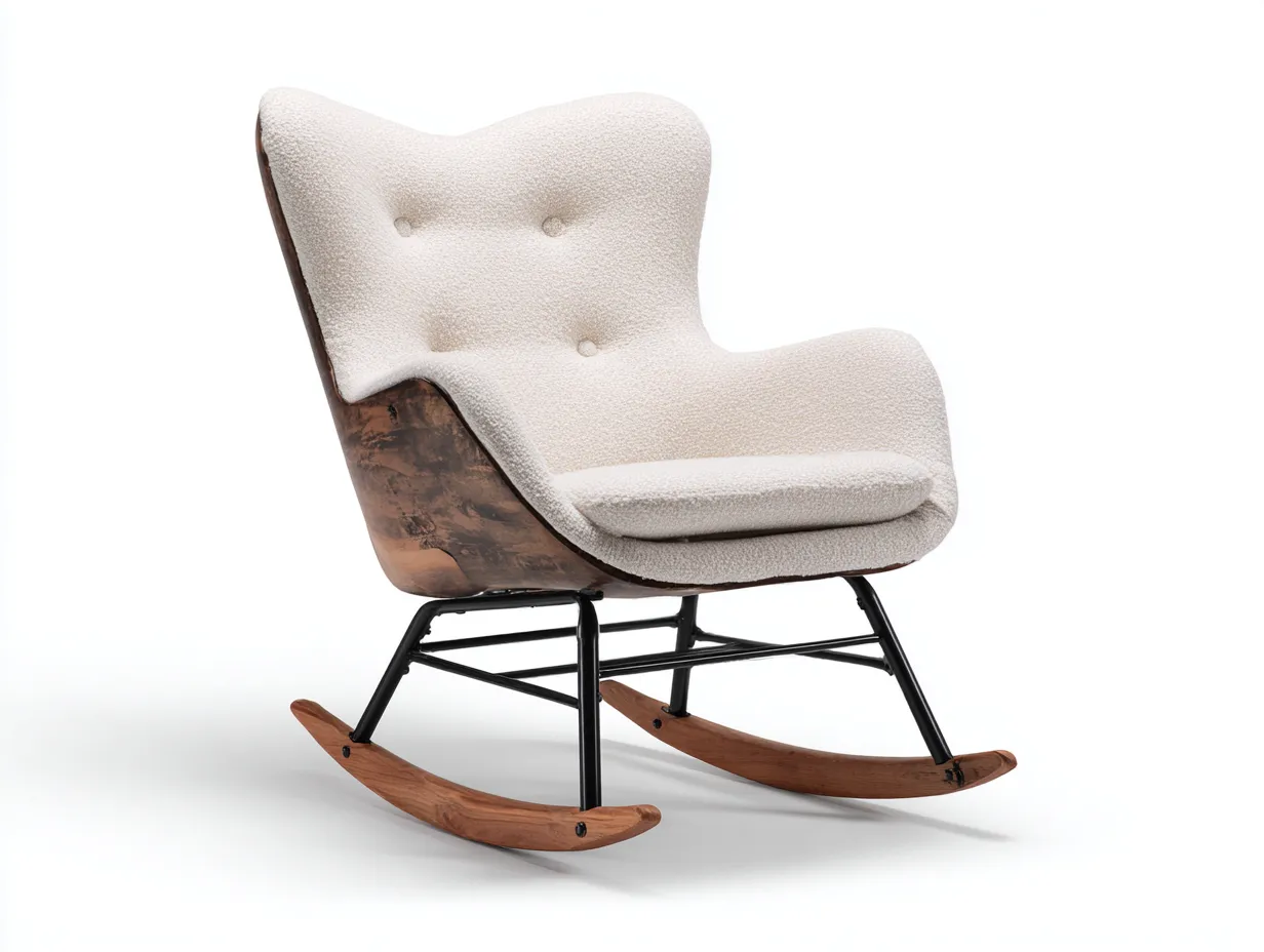 Fauteuil à bascule en tissu bouclette blanc 70x90x100 cm - coque bois et structure métal - style moderne et élégant-Loftilo