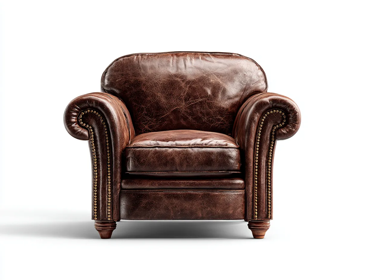 Fauteuil club en cuir véritable 96x90x84 cm - brun foncé - style vintage à clous dorés et pieds tournés-Loftilo